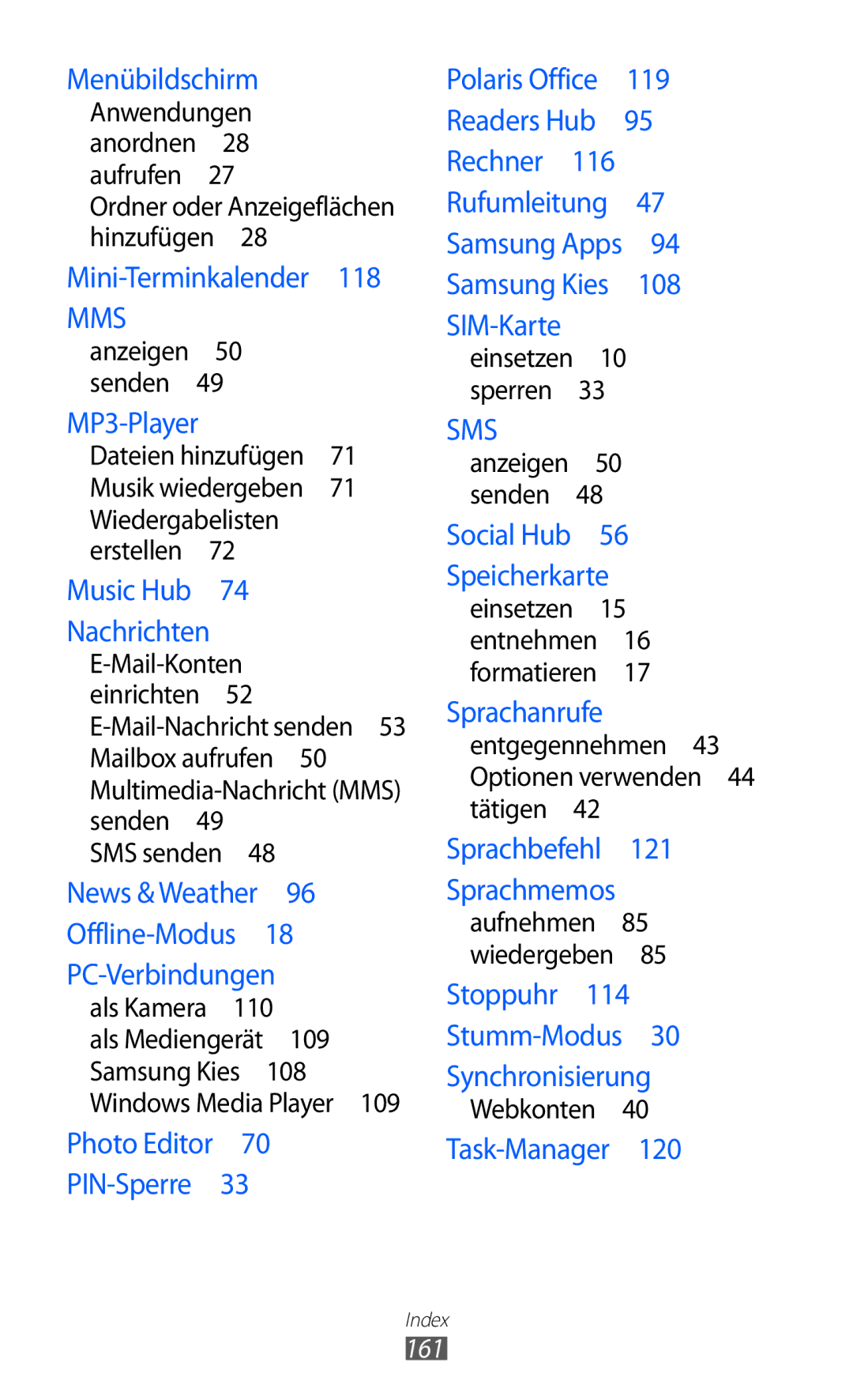 Samsung GT-I9103MAADBT, GT-I9103MAAATO, GT-I9103MAATUR manual 161, Anwendungen anordnen 28 aufrufen  